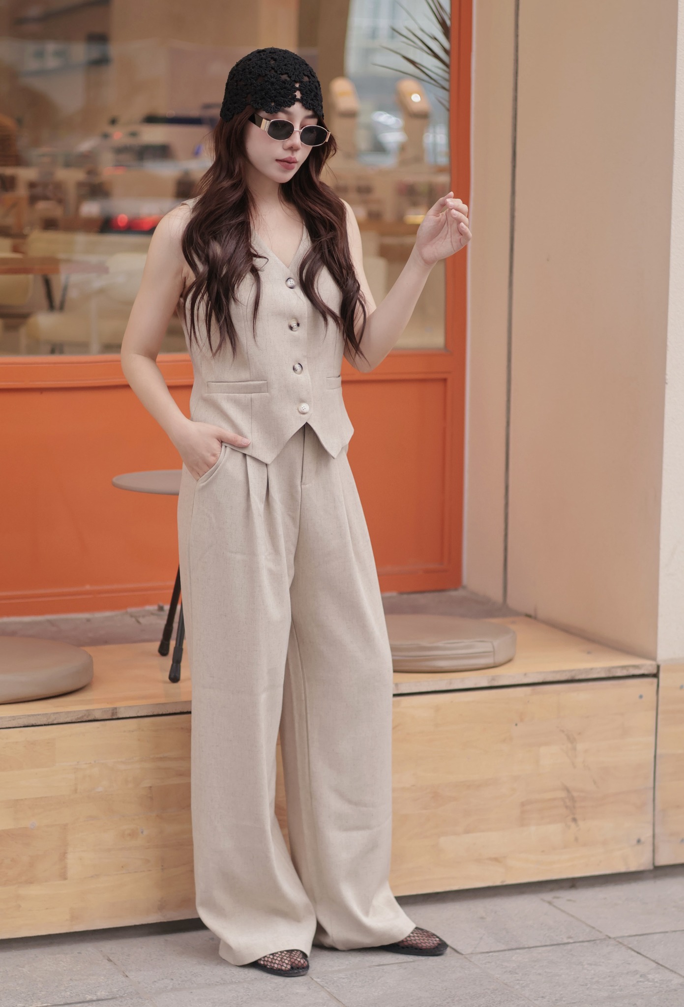 set  đồ vest không tay màu nâu